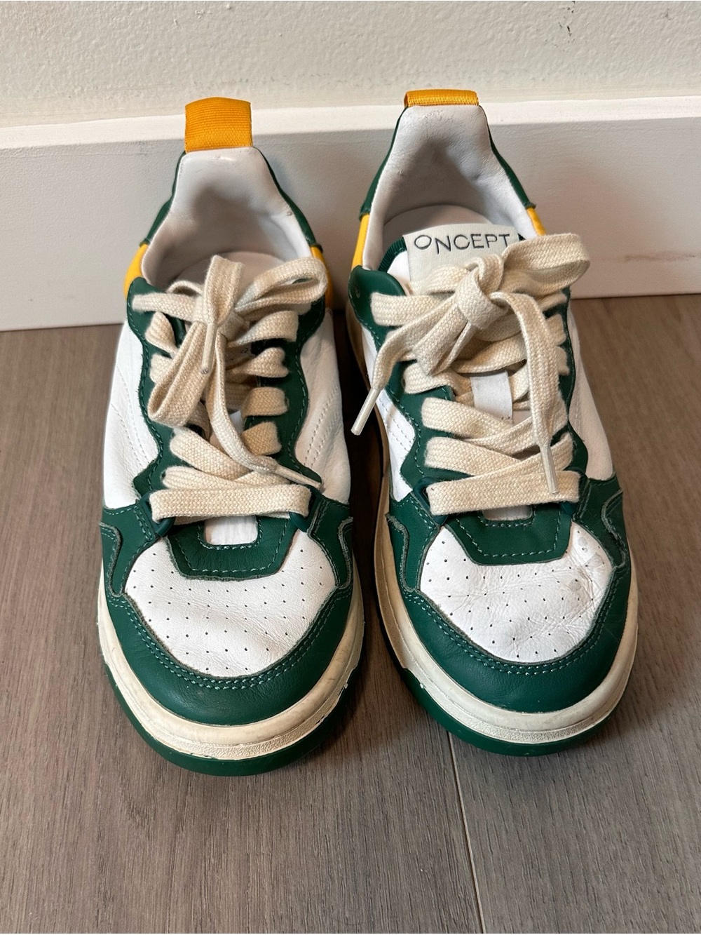 CONCEPT White and Green Retro Low-Top Sneakers with Yellow Heel Tab